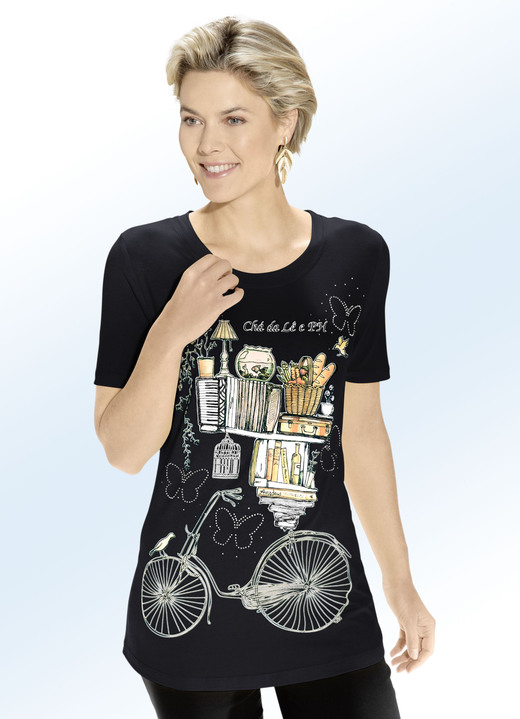 Damenmode - Shirt mit ausgefallenem Kontrast-Druck in 3 Farben, in Größe 038 bis 054, in Farbe SCHWARZ Ansicht 1