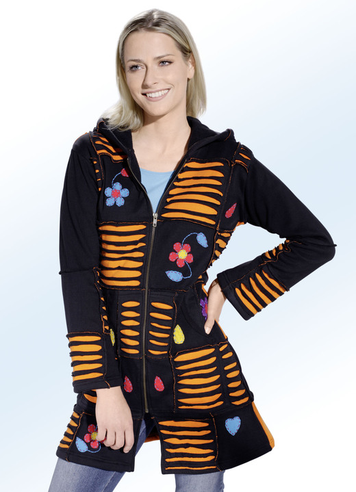 Jacken, Mäntel, Blazer - Longjacke mit Fleece-Innenausstattung, in Größe 036 bis 052, in Farbe SCHWARZ-ORANGE Ansicht 1