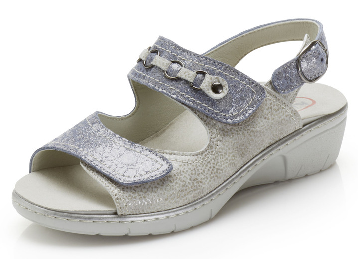 Komfortschuhe - Sandale mit glänzendem Veloursleder, in Größe 036 bis 042, in Farbe JEANS-GRAU Ansicht 1