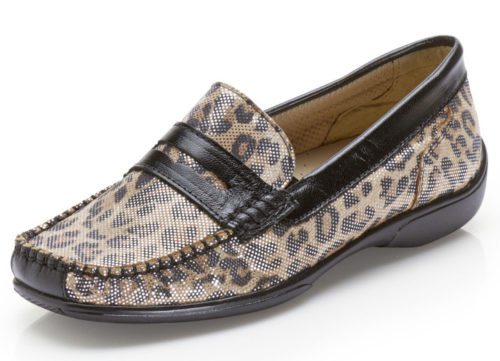 Komfortschuhe - Slipper mit rassigem Leo Print , in Größe 036 bis 037, in Farbe SCHWARZ-CAMEL Ansicht 1
