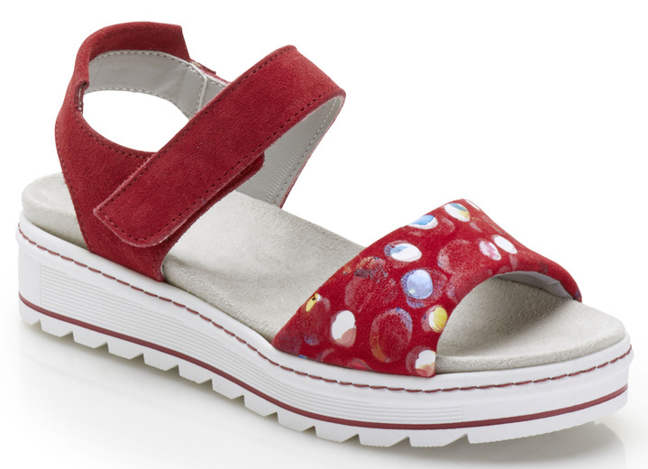 Komfortschuhe - Sandale mit bunt bedrucktem Veloursmaterial, in Farbe ROT Ansicht 1