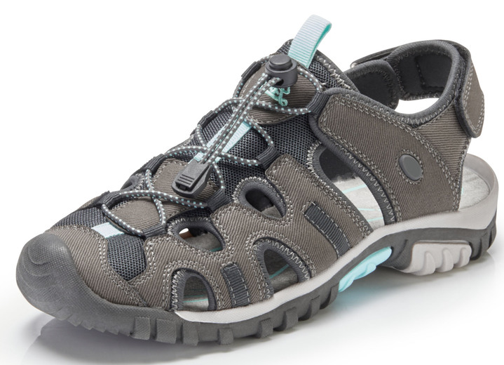 Sandaletten & Pantoletten - Sandale mit elastischem Schnellschnürsystem , in Größe 038 bis 042, in Farbe BRAUN-GRAU