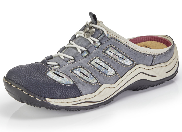 Sandaletten & Pantoletten - Rieker, klassische Damen-Clogs, mit Elastik-Zierschnürung, in Größe 036 bis 043, in Farbe JEANS-BEIGE Ansicht 1