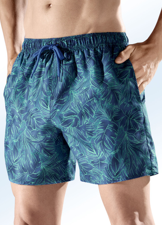 Bademode - Badeshorts allover dessiniert, Microfaser, in Größe 005 bis 014, in Farbe BLAU-GRÜN