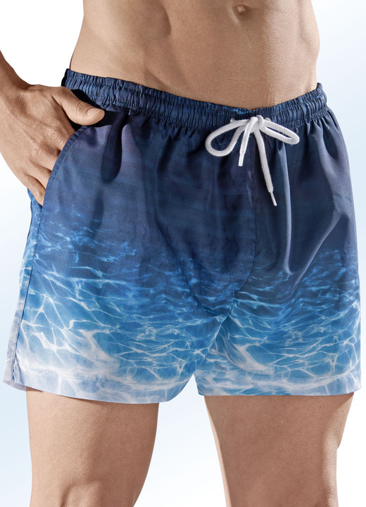 Bademode - Badeshorts, Gesäßtasche mit Klettverschluss, Microfaser, in Größe 004 bis 012, in Farbe INDIGO-TÜRKIS-WEISS Ansicht 1