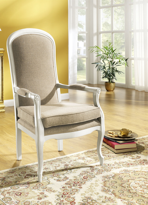 Stilmöbel - Armlehnensessel mit losem Sitzkissen, in Farbe WEISS-BEIGE Ansicht 1