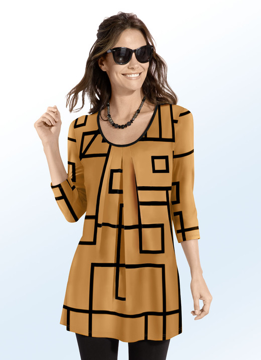 Damenmode - Longshirt mit Faltenlegung im Vorderteil, in Größe 038 bis 054, in Farbe MESSING-SCHWARZ