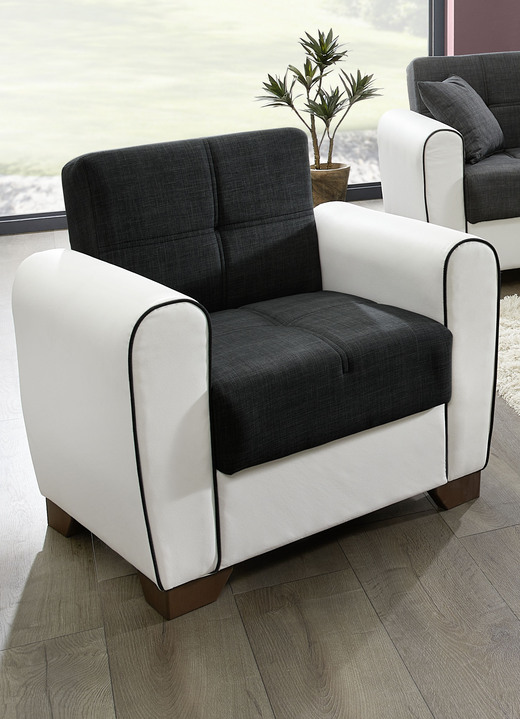 Funktions-Polstermöbel - Polstermöbel mit Bettfunktion und Bettkasten, in Farbe WEISS-SCHWARZ, in Ausführung Sessel Ansicht 1