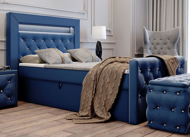Betten - Boxspringbett mit LED-Beleuchtung und Topper, in Farbe DUNKELBLAU Ansicht 1