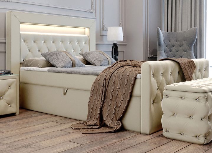 Betten - Boxspringbett mit LED-Beleuchtung und Topper, in Farbe CREME Ansicht 1