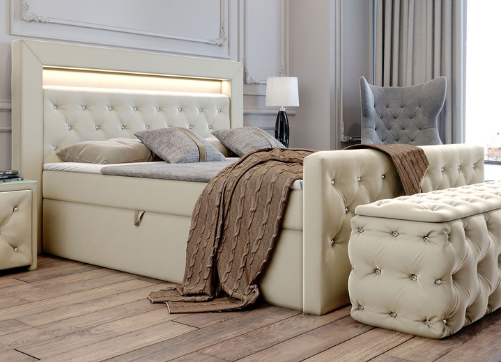 Betten - Boxspringbett mit LED-Beleuchtung und Topper, in Farbe CREME Ansicht 1
