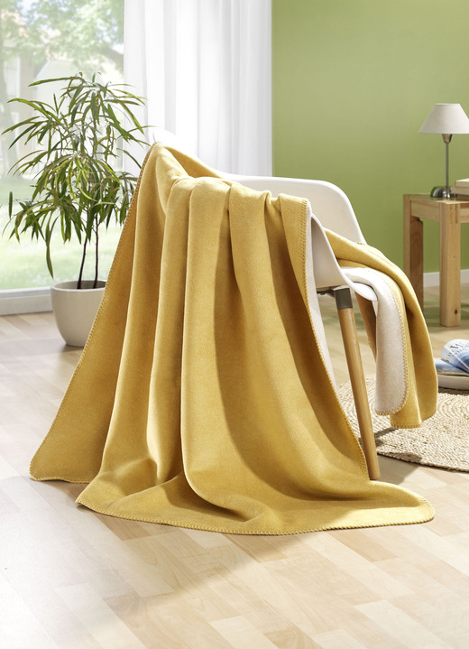 Decken - Wohndecke mit Uni-Wendeseite und Häkelsaum, in Farbe GOLD-CREME Ansicht 1