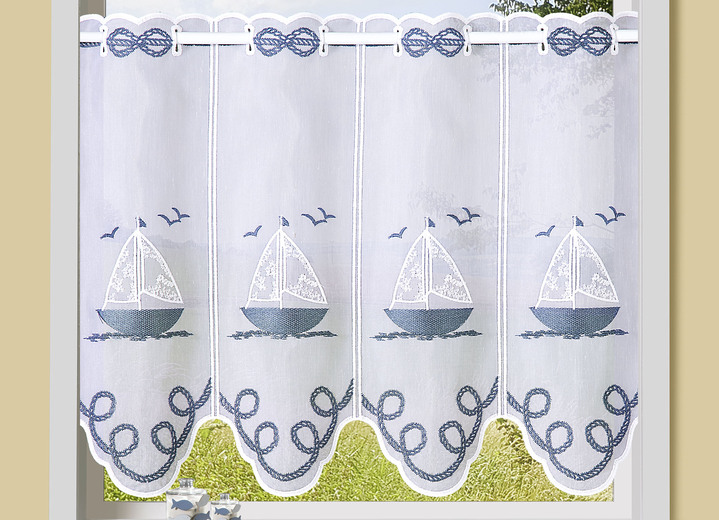 Landhaus & Küche - Kurzstore aus besticktem Batist mit Stangendurchzug, in Größe 784 (H45xB 90 cm) bis 859 (H60xB155 cm), in Farbe WEISS-BLAU Ansicht 1