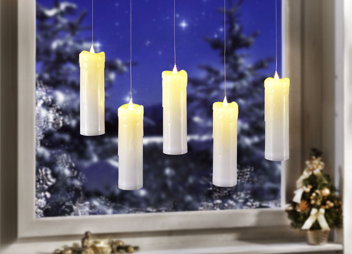 Weihnachtliche Dekorationen - LED-Kerzen mit transparenter Aufhängung, 5er-Set, in Farbe CREME