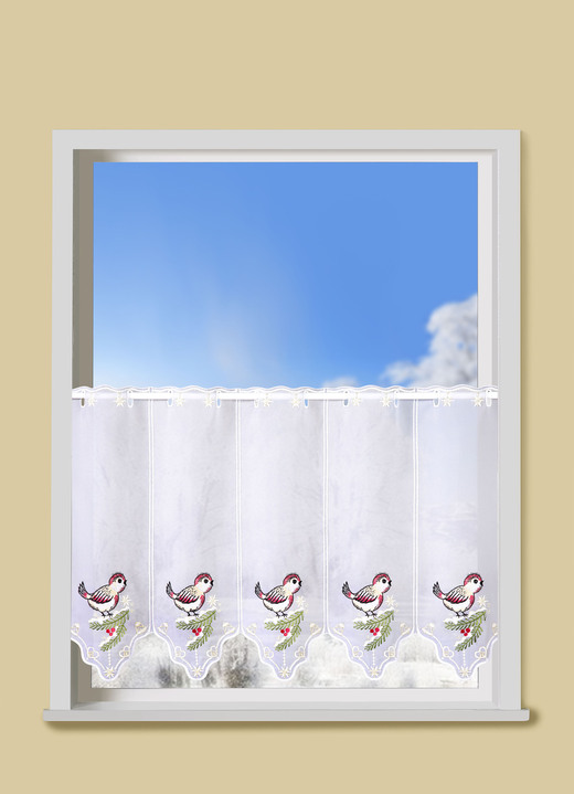 - Bezaubernder Kurzstore mit echter Plauener Stickerei, in Größe 661 (H30xB 95 cm) bis 829 (H50xB160 cm), in Farbe WEISS-BUNT