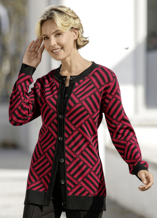 Jacken, Westen & Sets - Strickjacke mit Schurwolle, in Größe 038 bis 054, in Farbe BORDEAUX-SCHWARZ Ansicht 1