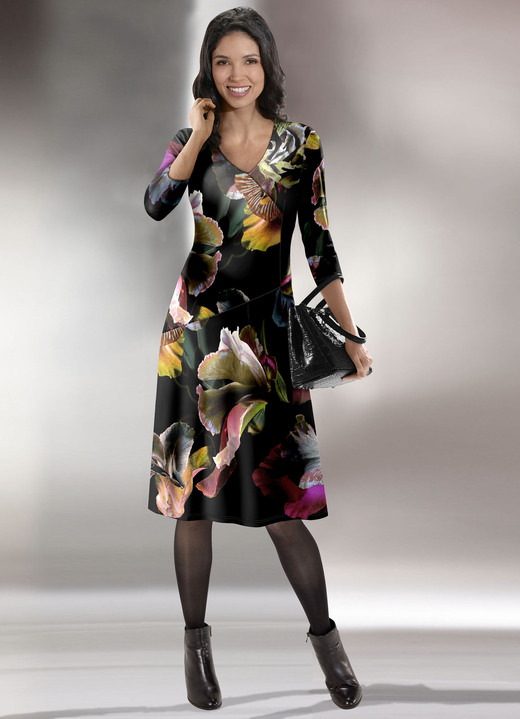 Damenmode - Kleid mit V-Ausschnitt, in Größe 042 bis 552, in Farbe SCHWARZ-BUNT