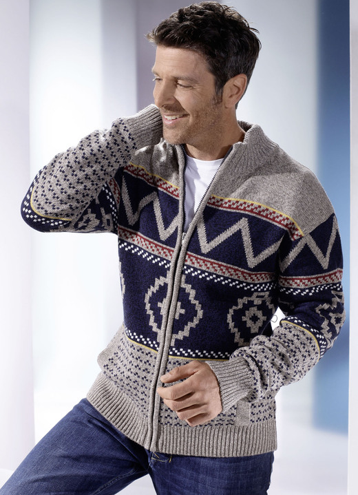 Herrenmode - Jacke mit durchgehendem Reißverschluss, in Größe 044 bis 062, in Farbe MARINE-BEIGE MELIERT