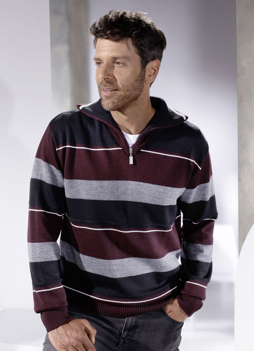 Hemden, Pullover & Shirts - Troyer mit kurzem Reißverschluss in 2 Farben, in Größe 044 bis 062, in Farbe BORDEAUX-GRAU-SCHWARZ GESTREIFT Ansicht 1