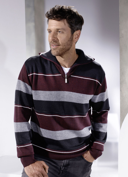 Hemden, Pullover & Shirts - Troyer mit kurzem Reißverschluss in 2 Farben, in Größe 044 bis 062, in Farbe BORDEAUX-GRAU-SCHWARZ GESTREIFT