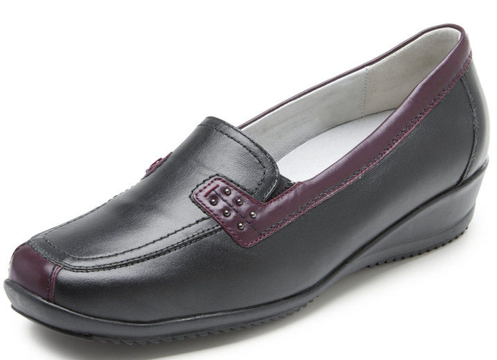 Komfortschuhe - Waldläufer, bequeme Damen-Slipper, Weite H, mit herausnehmbarem Fußbett, in Größe 3 1/2 bis 8, in Farbe SCHWARZ-BURGUND Ansicht 1