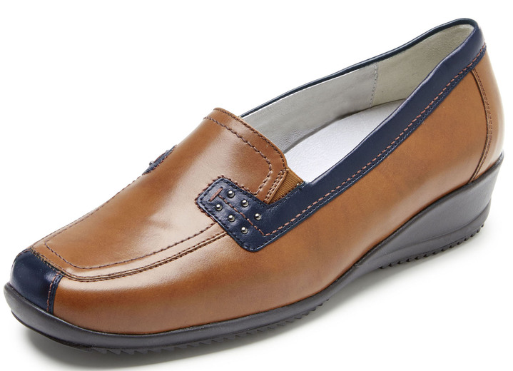 Komfortschuhe - Waldläufer Slipper mit Ziernieten und seitlichen Gummizügen, in Größe 3 1/2 bis 8, in Farbe COGNAC-BLAU Ansicht 1