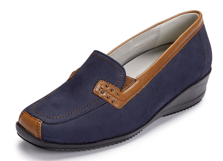 Komfortschuhe - Waldläufer, bequeme Damen-Slipper, Weite H, mit herausnehmbarem Fußbett, in Größe 3 1/2 bis 8, in Farbe MARINE-COGNAC Ansicht 1