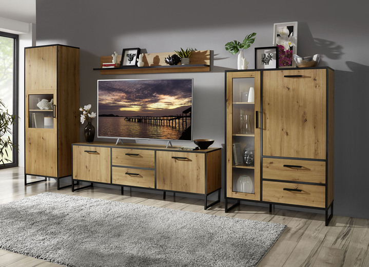 Vitrinen & Highboards - Trendstarke Wohnzimmermöbel in Asteiche-Dekor, in Farbe ASTEICHE-SCHWARZ, in Ausführung Vitrine Ansicht 1