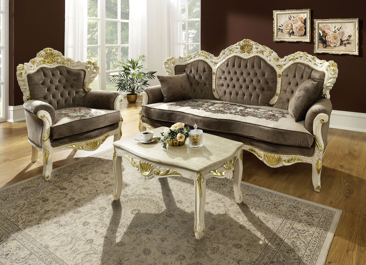 Polstermöbel - Schmuckvolle Wohnzimmermöbel mit weiß-goldfarbener Lackierung, in Farbe WEISS-GOLD, in Ausführung Tisch mit Marmorplatte