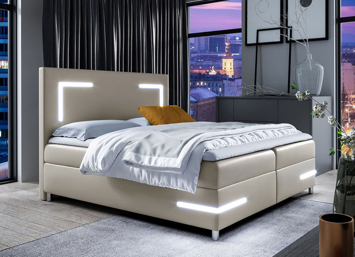 Betten - Boxspringbett mit LED-Beleuchtung und Topper, in Farbe CAPPUCCINO Ansicht 1