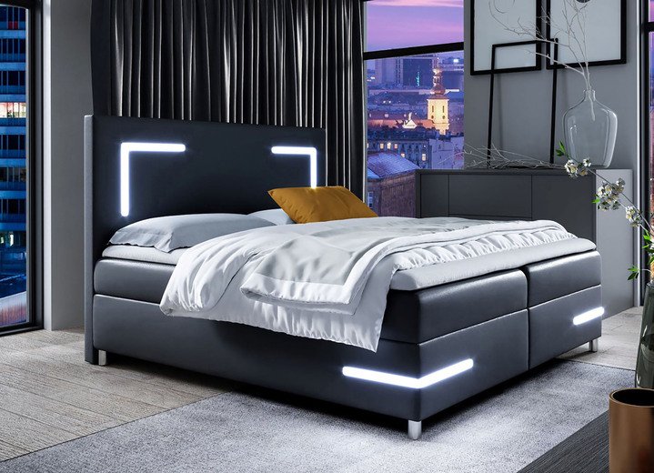 Betten - Boxspringbett mit LED-Beleuchtung und Topper, in Farbe SCHWARZ