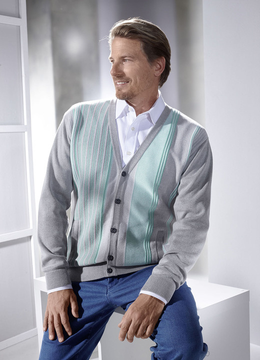 Hemden, Pullover & Shirts - Cardigan mit durchgehender Knopfleiste in 2 Farben, in Größe 046 bis 062, in Farbe SILBER-JADEGRÜN Ansicht 1