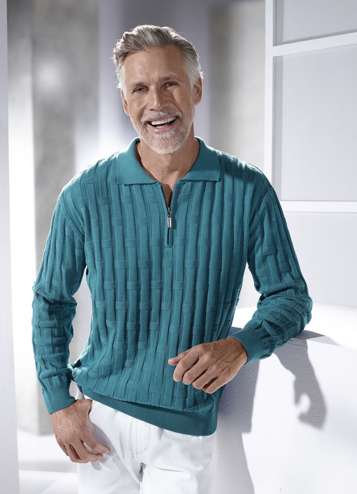 Hemden, Pullover & Shirts - Polopullover mit kurzem Reißverschluss in 3 Farben, in Größe 046 bis 062, in Farbe PETROL Ansicht 1