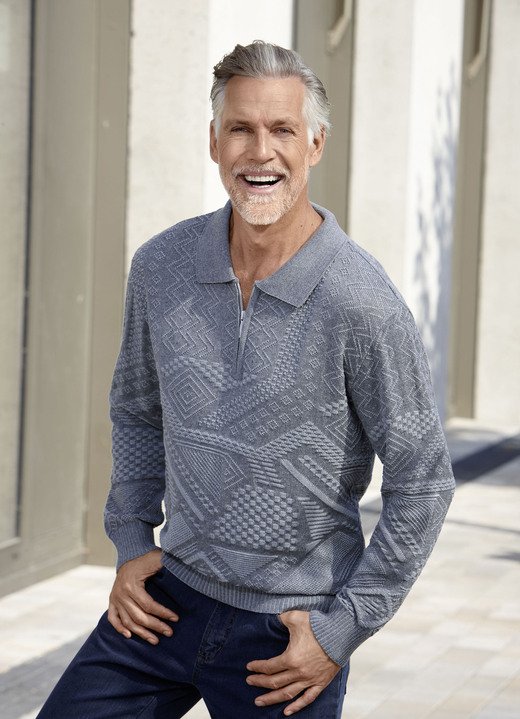 Hemden, Pullover & Shirts - Klassischer Polopullover mit kurzem Reißverschluss in 2 Farben, in Größe 046 bis 060, in Farbe GRAU Ansicht 1