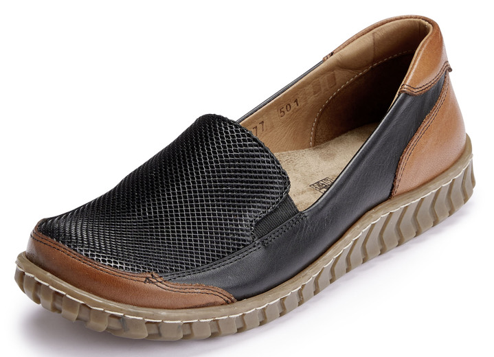 Komfortschuhe - Gemini Slipper mit seitlich eingesetzten Gummizügen, in Größe 036 bis 042, in Farbe SCHWARZ-BRAUN Ansicht 1