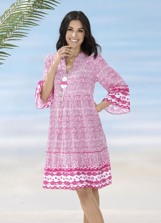 Strandmode - Kleid aus Viskose, allover dessiniert, in Größe 036 bis 052, in Farbe FUCHSIA-WEISS Ansicht 1