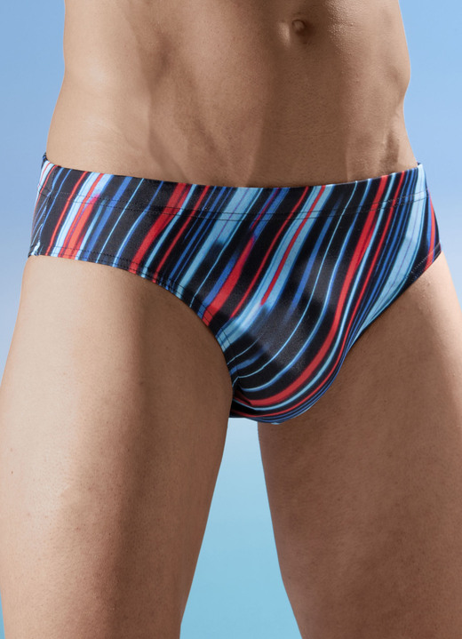 Bademode - Badehose in Slipform, allover dessiniert, in Größe 004 bis 009, in Farbe SCHWARZ-BUNT