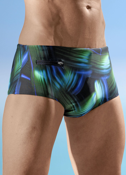 Bademode - Schwab Badehose in höherer Slipform, allover dessiniert, in Größe 004 bis 010, in Farbe SCHWARZ-BUNT