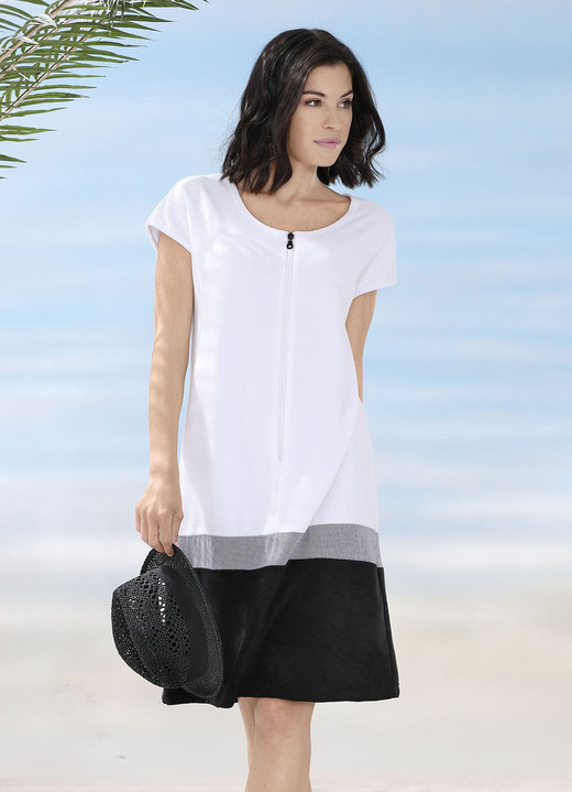 Strandmode - Frottier-Kleid mit Reißverschluss und überschnittenen Ärmeln, in Größe 038 bis 054, in Farbe WEISS-SCHWARZ