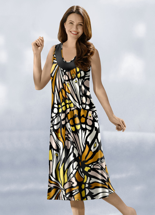 Strandmode - Klaus Modelle Kleid mit farbbrillantem Druckdessin, in Größe 040 bis 060, in Farbe SCHWARZ-BUNT