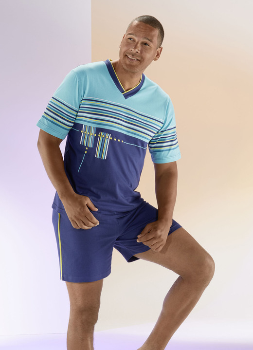 Nachtwäsche - Shorty mit V-Ausschnitt und Ringeldessin, in Größe 048 bis 064, in Farbe BLAU-TÜRKIS-BUNT