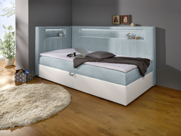Betten - Boxspringbett mit integrierter LED-Beleuchtung, in Farbe WEISS-HELLBLAU, in Ausführung Mit Kopfteil Ansicht 1