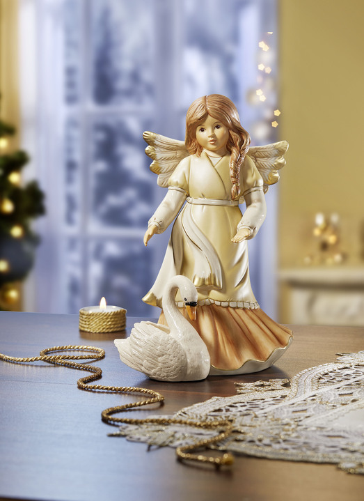 Weihnachten - Engel mit Schwan aus Feinsteingut, in Farbe CHAMPAGNER