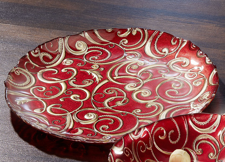 - Teller und Schalen aus Glas mit goldfarbenen Relief, in Farbe ROT, in Ausführung Teller, klein Ansicht 1