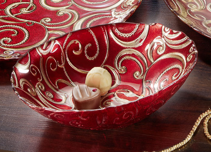 - Teller und Schalen aus Glas mit goldfarbenen Relief, in Farbe ROT, in Ausführung Schale Ansicht 1