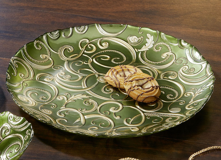 - Teller und Schalen aus Glas mit goldfarbenen Relief, in Farbe GRÜN, in Ausführung Teller, groß Ansicht 1