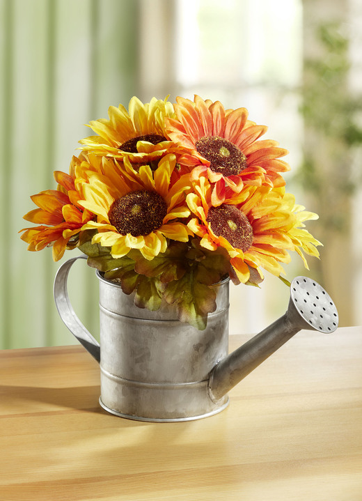 Kunst- & Textilpflanzen - Sonnenblumen in Gießkanne, in Farbe GELB-ORANGE