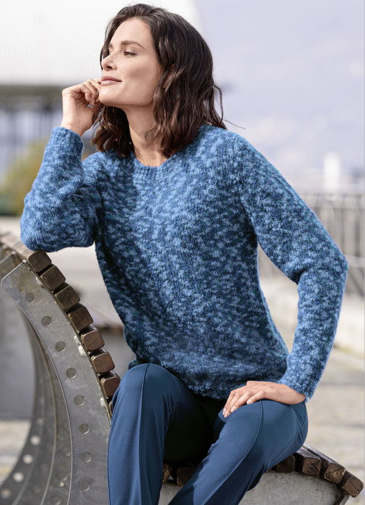 Pullover - Pullover aus hochwertigem Bouclégarn, in Größe L(44/46) bis XXL(52/54), in Farbe PETROL-HELLBLAU-MULTICOLOR