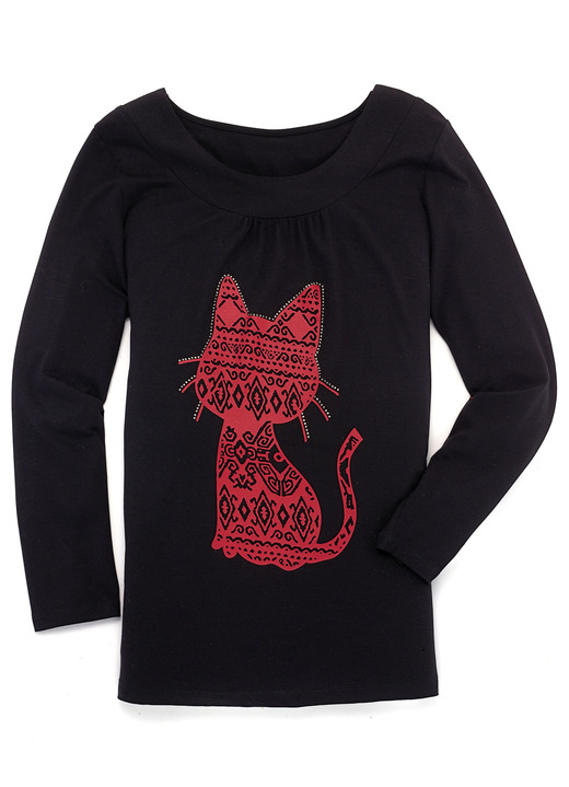 Shirts - Shirt mit Katzen-Motiv in 2 Farben, in Größe 038 bis 056, in Farbe SCHWARZ Ansicht 1