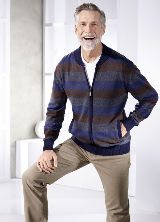 Herrenmode - Jacke mit durchgehendem Reißverschluss, in Größe 046 bis 062, in Farbe ROYALBLAU-MESSING-GRAU